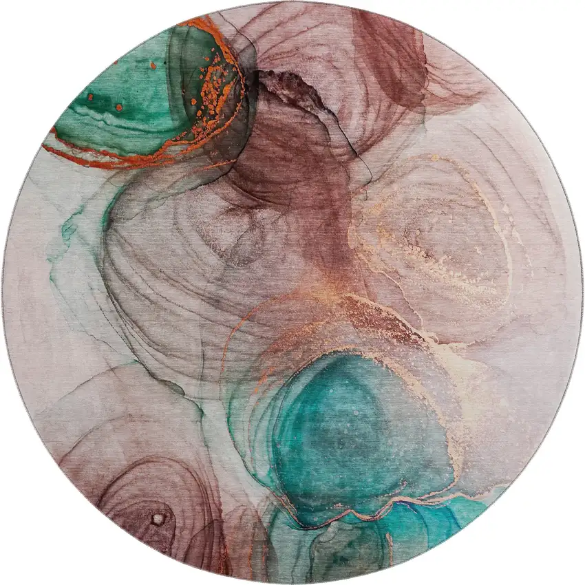 8' Burgundy Blue And Ivory Abstract Washable Round Rug With UV Protection Photo 1