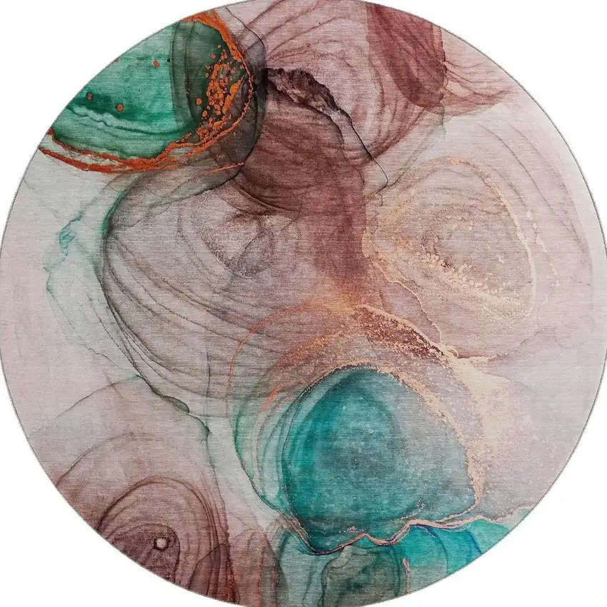 8' Burgundy Blue And Ivory Abstract Washable Round Rug With UV Protection Photo 4