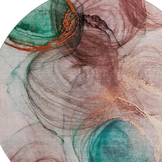 8' Burgundy Blue And Ivory Abstract Washable Round Rug With UV Protection Photo 3