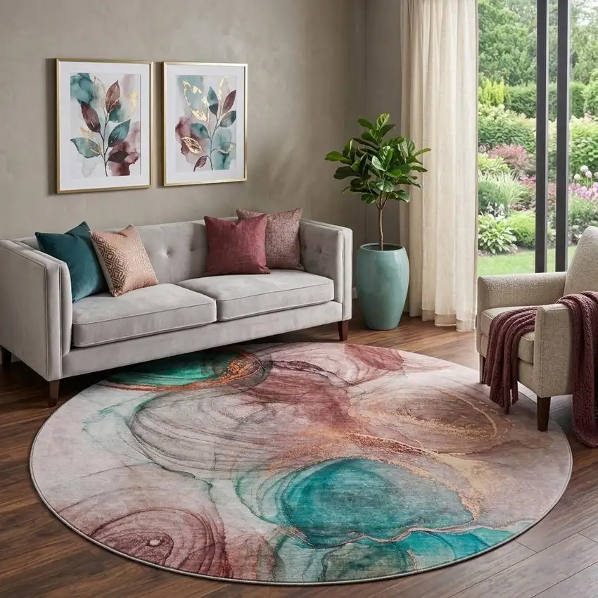 8' Burgundy Blue And Ivory Abstract Washable Round Rug With UV Protection Photo 1