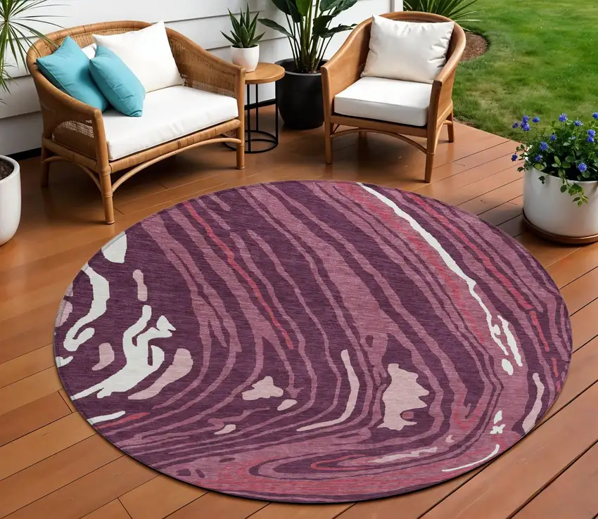 8' Burgundy Brick Red And Ivory Round Abstract Washable Indoor Outdoor Area Rug Photo 1