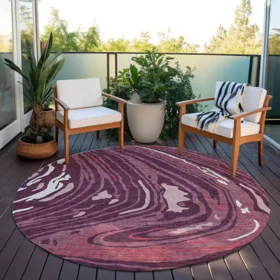8' Burgundy Brick Red And Ivory Round Abstract Washable Indoor Outdoor Area Rug Photo 8