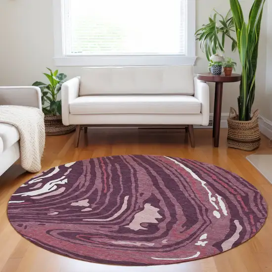 8' Burgundy Brick Red And Ivory Round Abstract Washable Indoor Outdoor Area Rug Photo 9