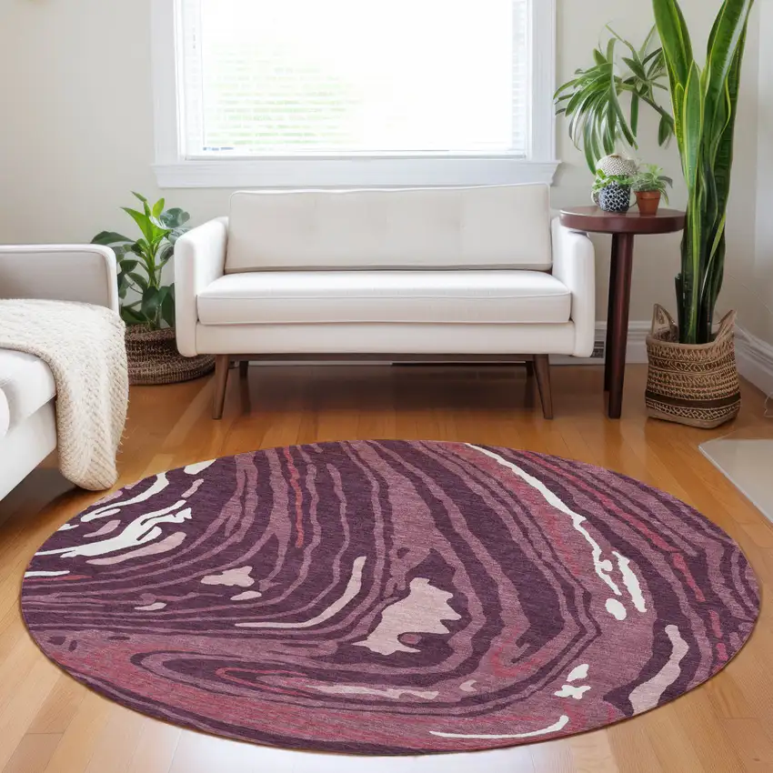 8' Burgundy Brick Red And Ivory Round Abstract Washable Indoor Outdoor Area Rug Photo 9