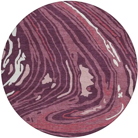 8' Burgundy Brick Red And Ivory Round Abstract Washable Indoor Outdoor Area Rug Photo 2