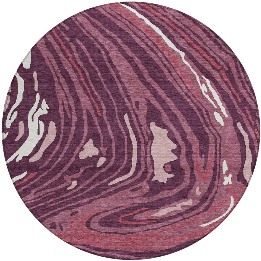 8' Burgundy Brick Red And Ivory Round Abstract Washable Indoor Outdoor Area Rug Photo 2