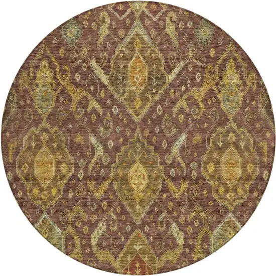 8' Burgundy Gold And Copper Round Ikat Washable Indoor Outdoor Area Rug Photo 2