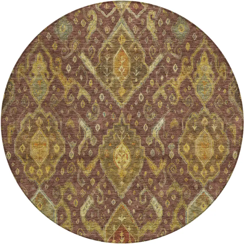 8' Burgundy Gold And Copper Round Ikat Washable Indoor Outdoor Area Rug Photo 2