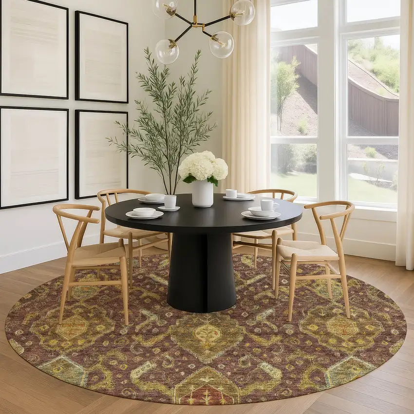 8' Burgundy Gold And Copper Round Ikat Washable Indoor Outdoor Area Rug Photo 9