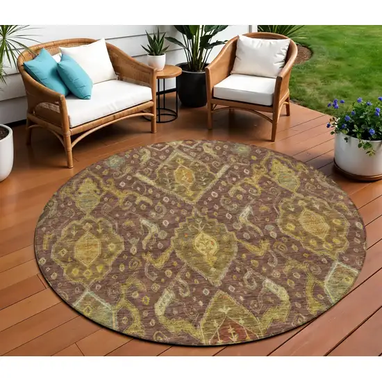 8' Burgundy Gold And Copper Round Ikat Washable Indoor Outdoor Area Rug Photo 1