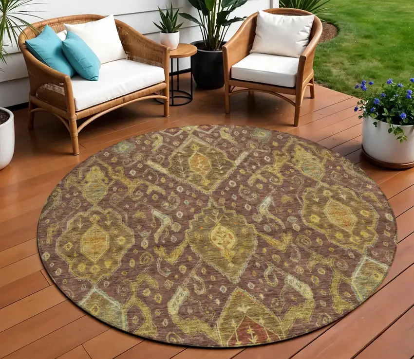 8' Burgundy Gold And Copper Round Ikat Washable Indoor Outdoor Area Rug Photo 1