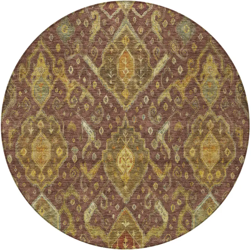 8' Burgundy Gold And Copper Round Ikat Washable Indoor Outdoor Area Rug Photo 5