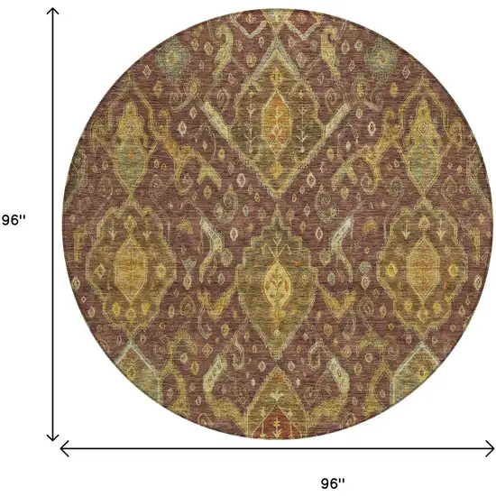 8' Burgundy Gold And Copper Round Ikat Washable Indoor Outdoor Area Rug Photo 3