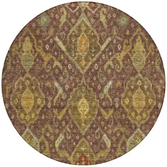 8' Burgundy Gold And Copper Round Ikat Washable Indoor Outdoor Area Rug Photo 4