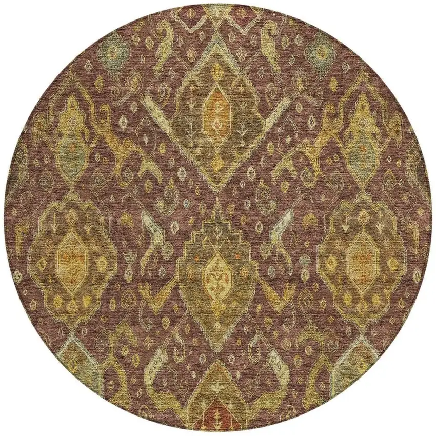 8' Burgundy Gold And Copper Round Ikat Washable Indoor Outdoor Area Rug Photo 4