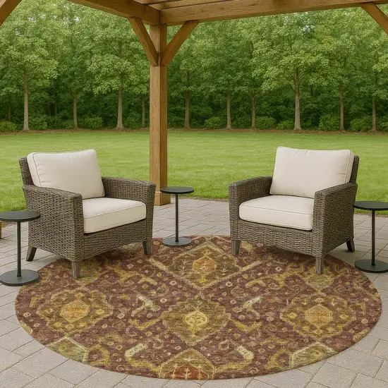 8' Burgundy Gold And Copper Round Ikat Washable Indoor Outdoor Area Rug Photo 8