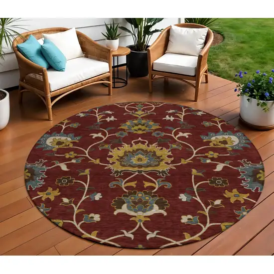 8' Burgundy Gold And Gray Round Floral Washable Indoor Outdoor Area Rug Photo 1