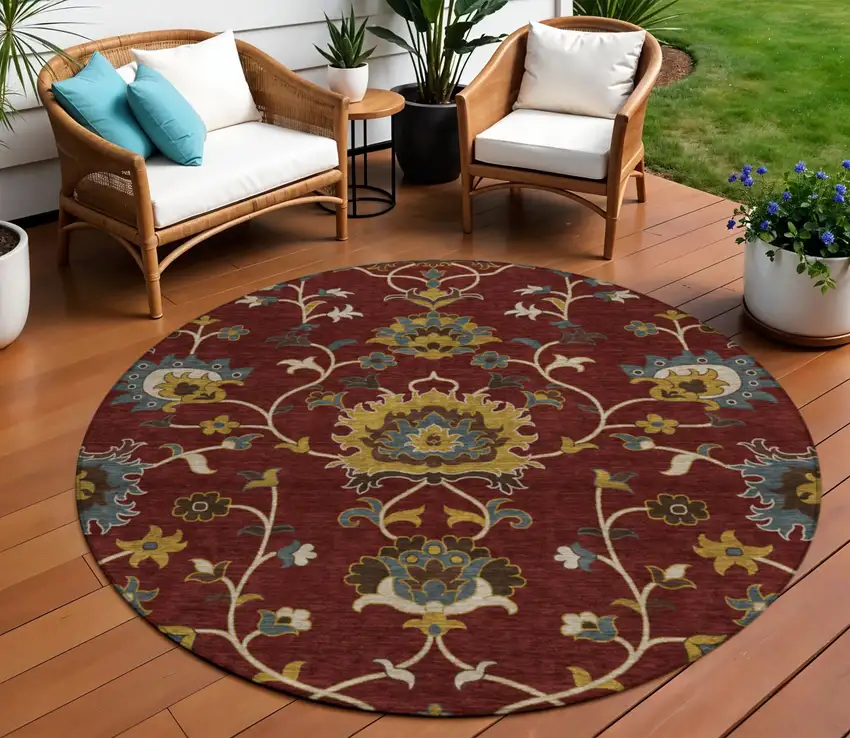 8' Burgundy Gold And Gray Round Floral Washable Indoor Outdoor Area Rug Photo 1