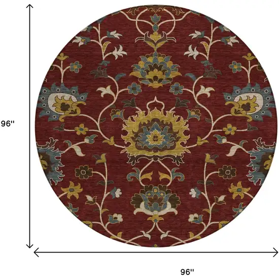 8' Burgundy Gold And Gray Round Floral Washable Indoor Outdoor Area Rug Photo 3