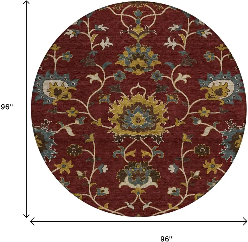 8' Burgundy Gold And Gray Round Floral Washable Indoor Outdoor Area Rug Photo 3