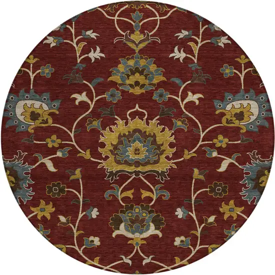 8' Burgundy Gold And Gray Round Floral Washable Indoor Outdoor Area Rug Photo 2