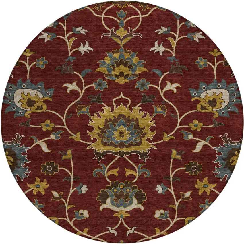 8' Burgundy Gold And Gray Round Floral Washable Indoor Outdoor Area Rug Photo 2