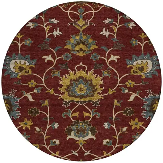 8' Burgundy Gold And Gray Round Floral Washable Indoor Outdoor Area Rug Photo 4