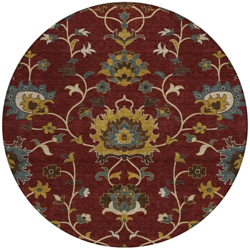 8' Burgundy Gold And Gray Round Floral Washable Indoor Outdoor Area Rug Photo 4