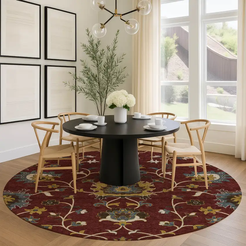 8' Burgundy Gold And Gray Round Floral Washable Indoor Outdoor Area Rug Photo 9