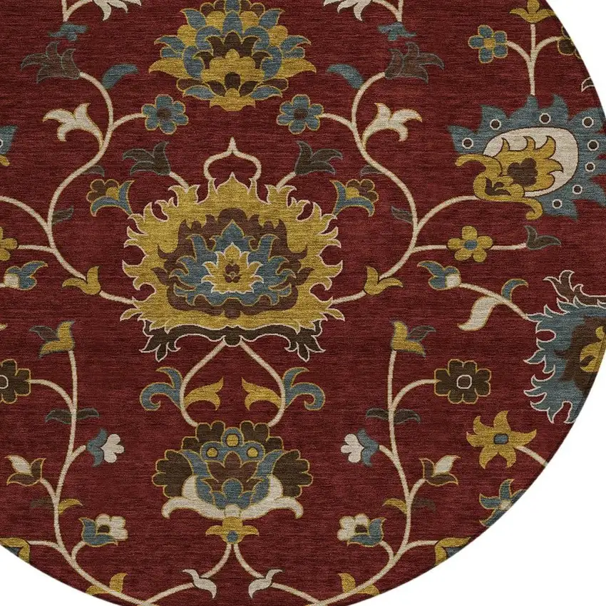 8' Burgundy Gold And Gray Round Floral Washable Indoor Outdoor Area Rug Photo 7