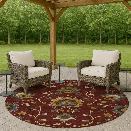 8' Burgundy Gold And Gray Round Floral Washable Indoor Outdoor Area Rug Photo 9