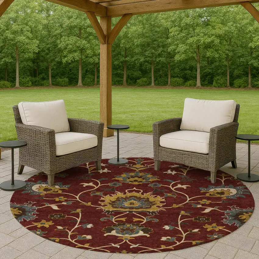 8' Burgundy Gold And Gray Round Floral Washable Indoor Outdoor Area Rug Photo 9