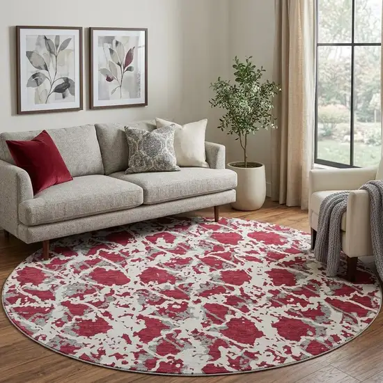 8' Burgundy Gray And Ivory Abstract Washable Round Rug With UV Protection Photo 1