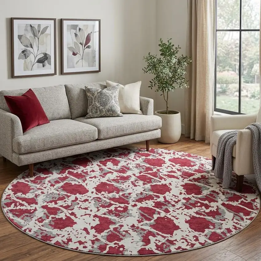8' Burgundy Gray And Ivory Abstract Washable Round Rug With UV Protection Photo 1