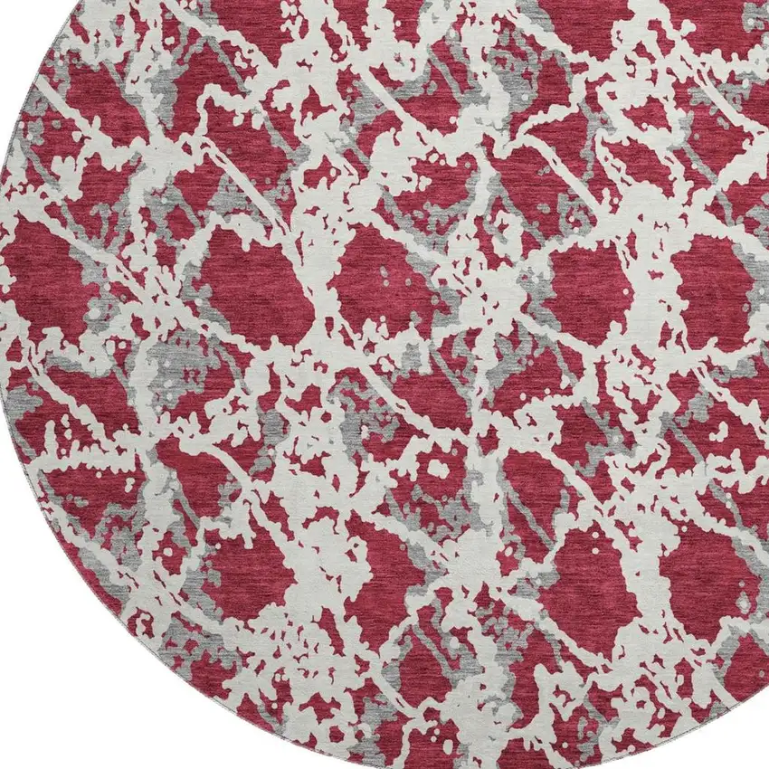 8' Burgundy Gray And Ivory Abstract Washable Round Rug With UV Protection Photo 2