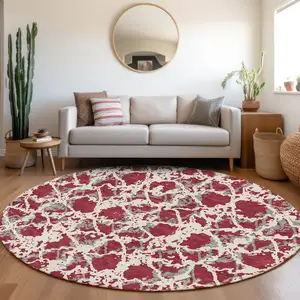 Photo of 8' Burgundy Gray And Ivory Abstract Washable Round Rug With UV Protection