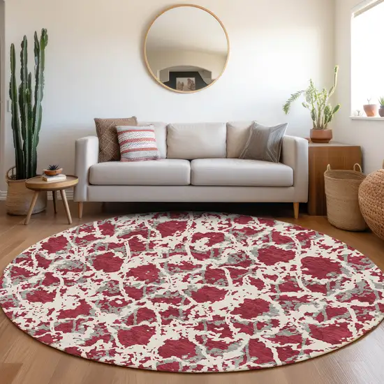8' Burgundy Gray And Ivory Abstract Washable Round Rug With UV Protection Photo 4