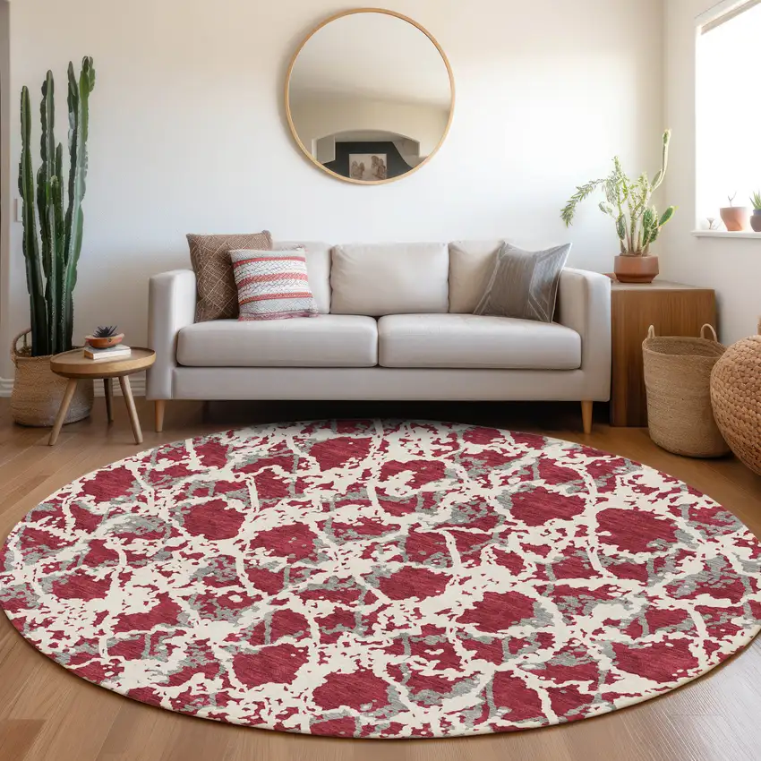 8' Burgundy Gray And Ivory Abstract Washable Round Rug With UV Protection Photo 4