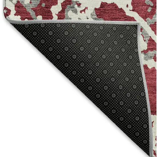 8' Burgundy Gray And Ivory Abstract Washable Round Rug With UV Protection Photo 5