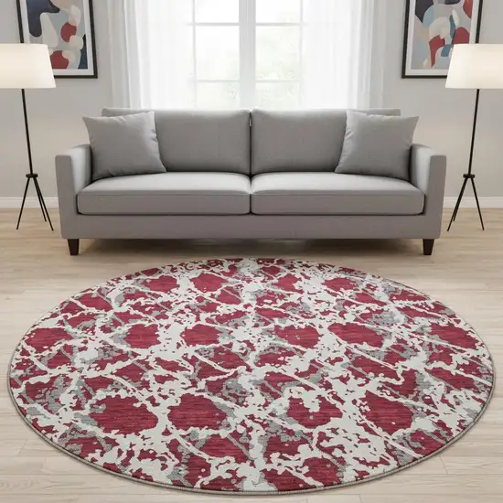 8' Burgundy Gray And Ivory Abstract Washable Round Rug With UV Protection Photo 2