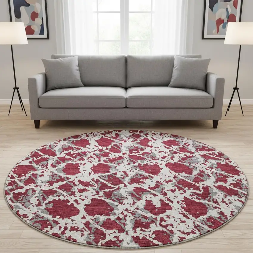 8' Burgundy Gray And Ivory Abstract Washable Round Rug With UV Protection Photo 2
