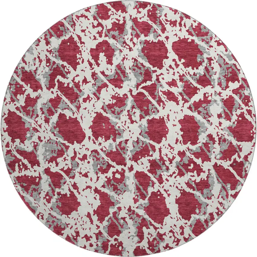 8' Burgundy Gray And Ivory Abstract Washable Round Rug With UV Protection Photo 1