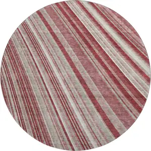 Photo of 8' Burgundy Gray And Ivory Striped Washable Round Rug With UV Protection