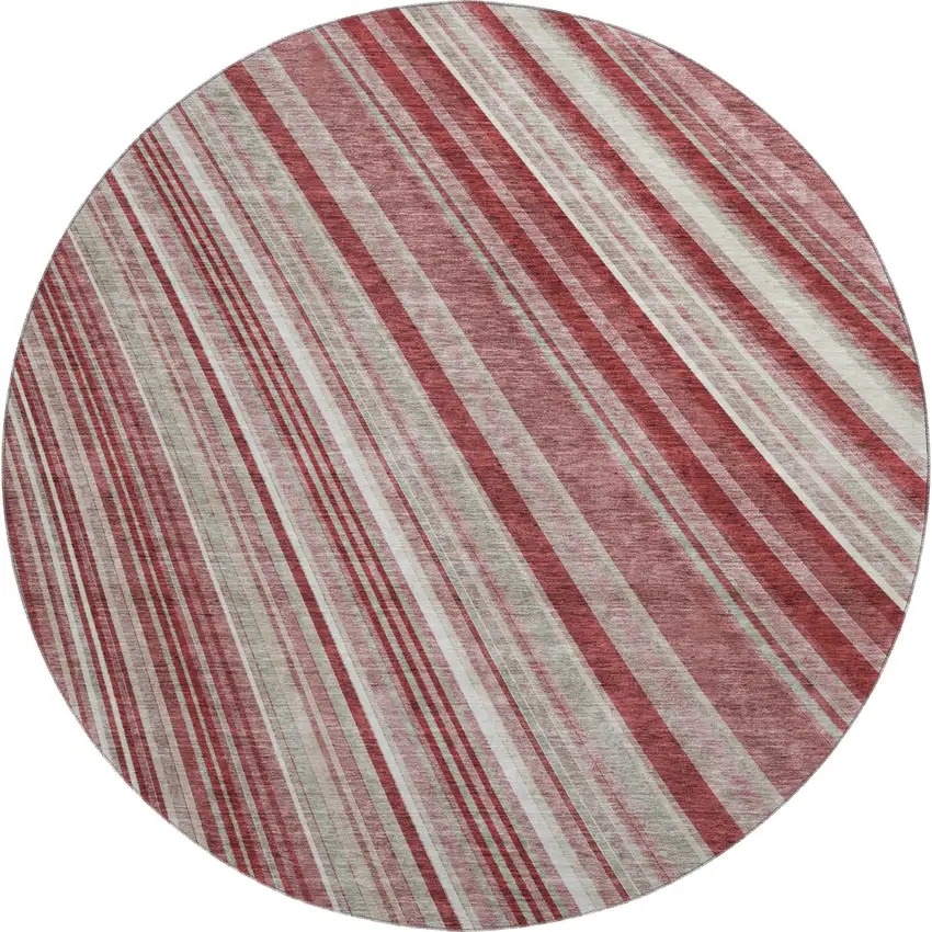 8' Burgundy Gray And Ivory Striped Washable Round Rug With UV Protection Photo 1