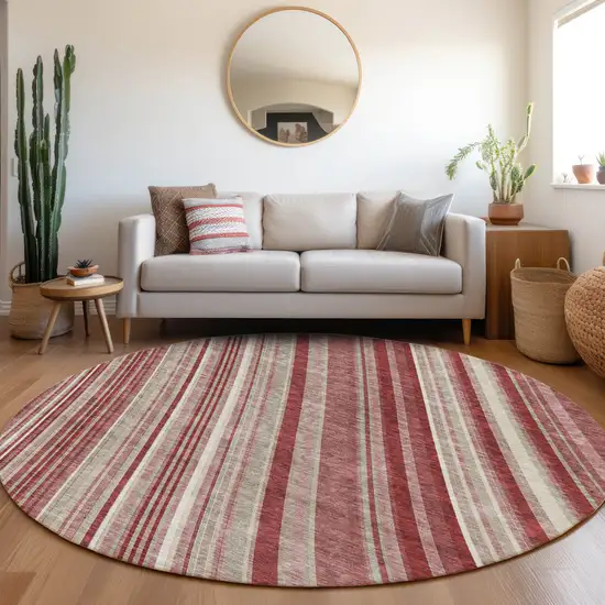 8' Burgundy Gray And Ivory Striped Washable Round Rug With UV Protection Photo 4