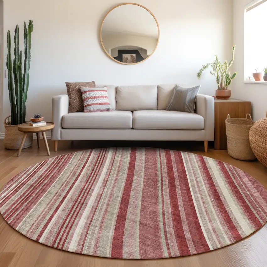 8' Burgundy Gray And Ivory Striped Washable Round Rug With UV Protection Photo 4