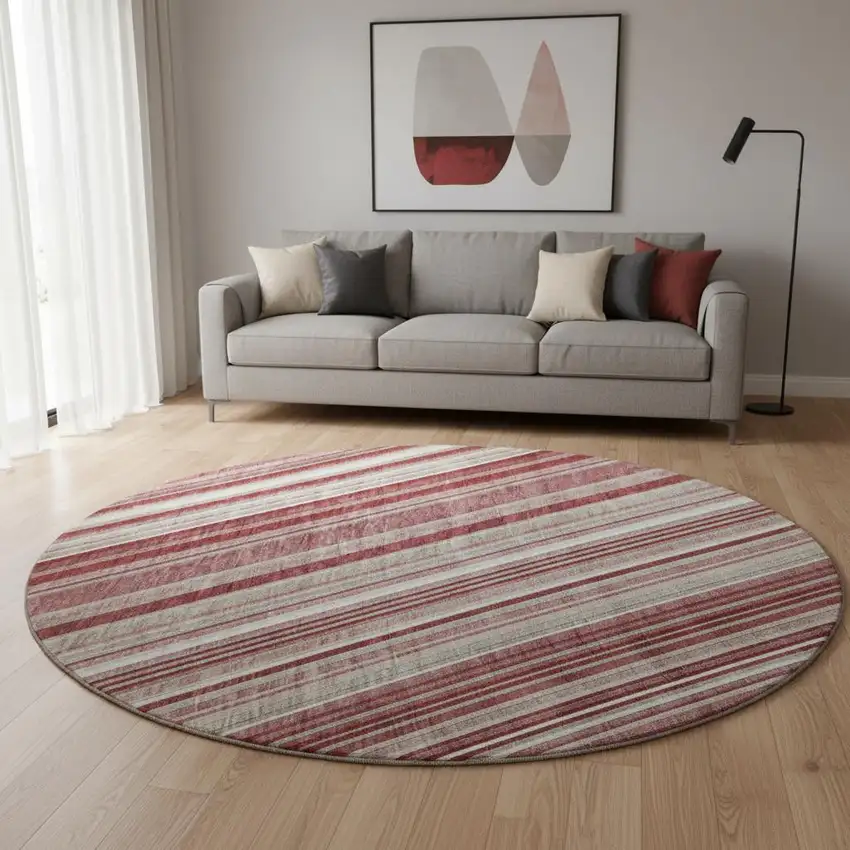 8' Burgundy Gray And Ivory Striped Washable Round Rug With UV Protection Photo 2