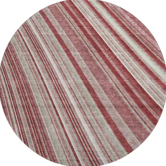 8' Burgundy Gray And Ivory Striped Washable Round Rug With UV Protection Photo 2