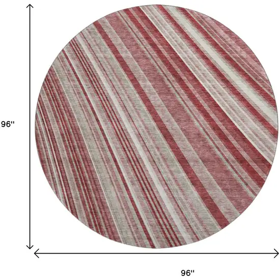 8' Burgundy Gray And Ivory Striped Washable Round Rug With UV Protection Photo 9