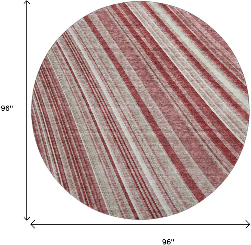 8' Burgundy Gray And Ivory Striped Washable Round Rug With UV Protection Photo 9